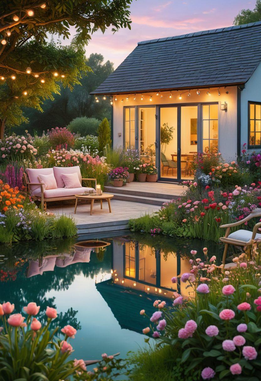 An inviting holiday home set in a lush green landscape, surrounded by vibrant flowers and a tranquil lake, with a cozy outdoor seating area illuminated by warm fairy lights. Capture the essence of relaxation and nature, showcasing diverse body types enjoying serene moments, like reading or sipping coffee. Soft pastel skies at sunset enhance the dreamy atmosphere. super-realistic. vibrant colors. 3D.
