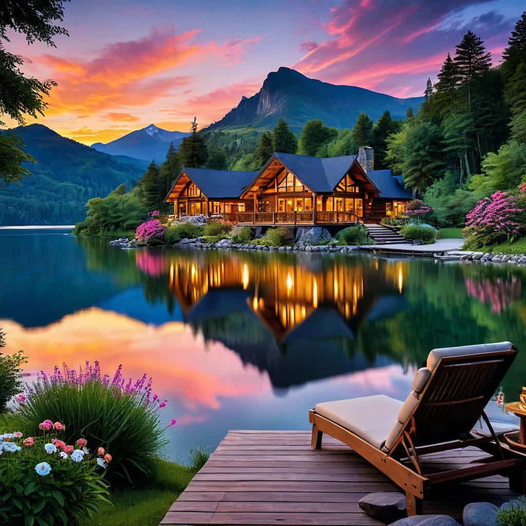 A tranquil landscape featuring a luxurious lodge nestled amidst serene mountains and a calm lake, surrounded by lush greenery and blooming flowers. Soft, warm lighting highlights the elegant architecture of the lodge, while a wooden deck with comfortable lounge chairs invites relaxation. Gentle ripples on the water reflect the vibrant colors of a sunset sky, creating a peaceful atmosphere. super-realistic. vibrant colors. 3D.
