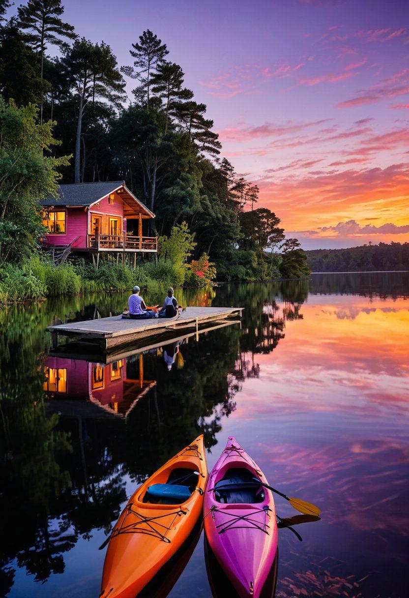 A serene landscape featuring a tranquil lakeside retreat surrounded by lush greenery, with people engaging in various recreational activities like kayaking, yoga, and reading. Include vibrant colors depicting a sunset, enhancing the peaceful atmosphere. Add subtle cultural elements such as a small market with local crafts in the background. super-realistic. vibrant colors.